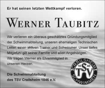 Traueranzeige von Werner Taubitz von Hohenloher Tagblatt