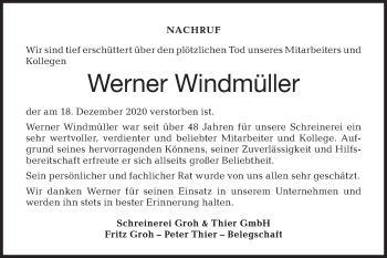 Traueranzeige von Werner Windmüller von Haller Tagblatt