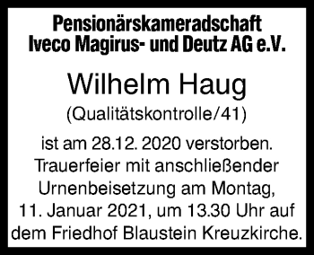 Traueranzeige von Wilhelm Haug von SÜDWEST PRESSE Ausgabe Ulm/Neu-Ulm