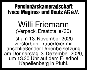 Traueranzeige von Willi Friemann von SÜDWEST PRESSE Ausgabe Ulm/Neu-Ulm