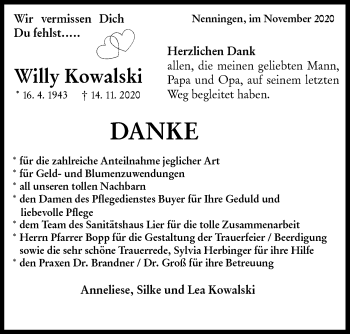 Traueranzeige von Willy Kowalski von NWZ Neue Württembergische Zeitung