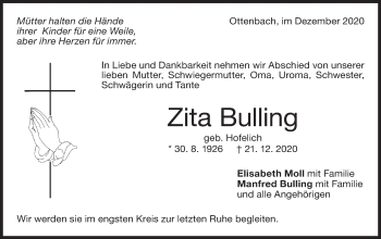 Traueranzeige von Zita Bulling von NWZ Neue Württembergische Zeitung