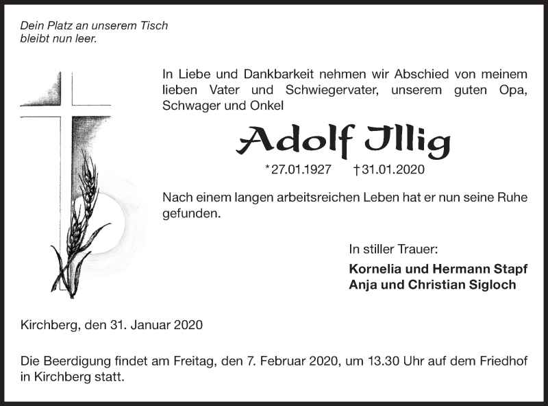  Traueranzeige für Adolf Illig vom 05.02.2020 aus Hohenloher Tagblatt