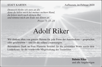 Traueranzeige von Adolf Riker von Geislinger Zeitung