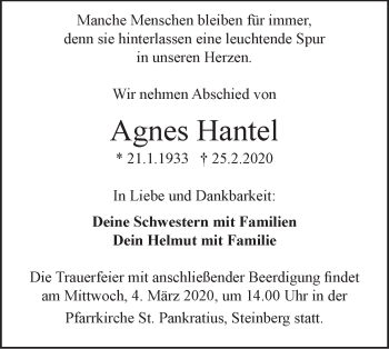 Traueranzeige von Agnes Hantel von Hohenzollerische Zeitung