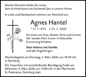 Traueranzeige von Agnes Hantel von SÜDWEST PRESSE Ausgabe Ulm/Neu-Ulm