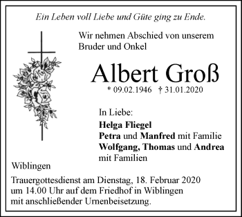 Traueranzeige von Albert Groß von SÜDWEST PRESSE Ausgabe Ulm/Neu-Ulm