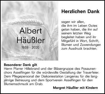 Traueranzeige von Albert Häußler von SÜDWEST PRESSE Ausgabe Ulm/Neu-Ulm