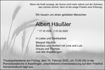 Traueranzeige von Albert Häußler von SÜDWEST PRESSE Ausgabe Ulm/Neu-Ulm