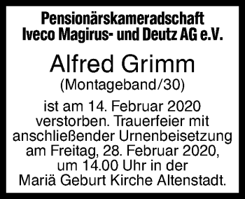 Traueranzeige von Alfred Grimm von SÜDWEST PRESSE Ausgabe Ulm/Neu-Ulm