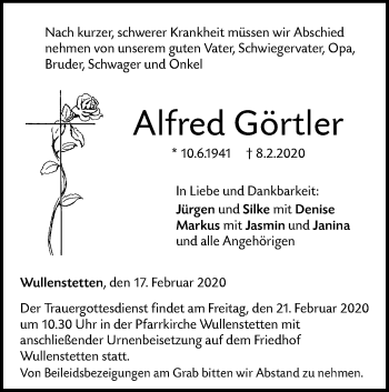 Traueranzeige von Alfred Görtler von SÜDWEST PRESSE Ausgabe Ulm/Neu-Ulm