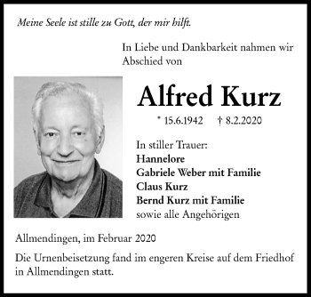 Traueranzeige von Alfred Kurz von Ehinger Tagblatt