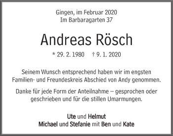 Traueranzeige von Andreas Rösch von Geislinger Zeitung