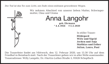 Traueranzeige von Anna Langohr von Hohenloher Tagblatt