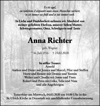 Traueranzeige von Anna Richter von SÜDWEST PRESSE Ausgabe Ulm/Neu-Ulm