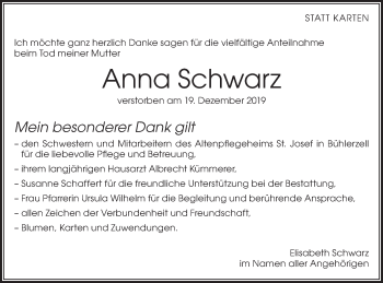 Traueranzeige von Anna Schwarz von Haller Tagblatt