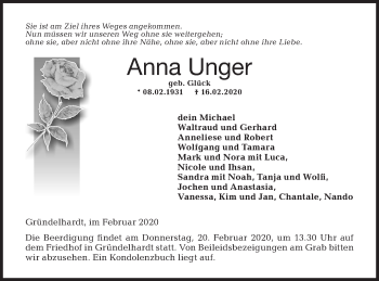 Traueranzeige von Anna Unger von Hohenloher Tagblatt