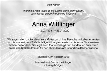 Traueranzeige von Anna Wittlinger von SÜDWEST PRESSE