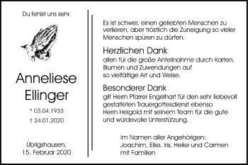 Traueranzeige von Anneliese Ellinger von Haller Tagblatt