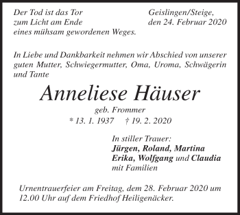 Traueranzeige von Anneliese Häuser von Geislinger Zeitung