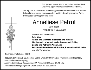 Traueranzeige von Anneliese Petrul von Ehinger Tagblatt