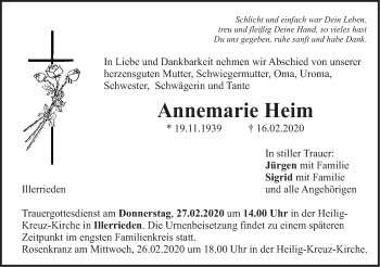 Traueranzeige von Annemarie Heim von Illertal Bote