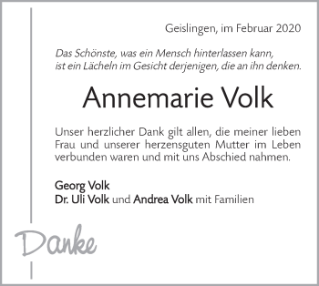 Traueranzeige von Annemarie Volk von Geislinger Zeitung