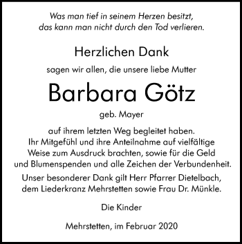 Traueranzeige von Barbara Götz von Alb-Bote/Metzinger-Uracher Volksblatt