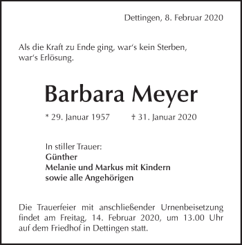 Traueranzeige von Barbara Meyer von Metzinger-Uracher Volksblatt