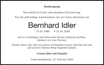 Traueranzeige von Bernhard Idler von Haller Tagblatt