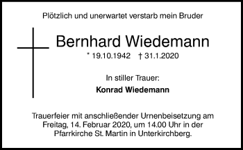 Traueranzeige von Bernhard Wiedemann von SÜDWEST PRESSE Ausgabe Ulm/Neu-Ulm