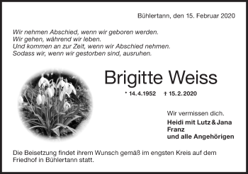 Traueranzeige von Brigitte Weiss von Haller Tagblatt