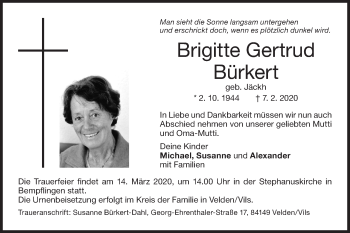 Traueranzeige von Brigitte Gertrud Bürkert von Metzinger-Uracher Volksblatt