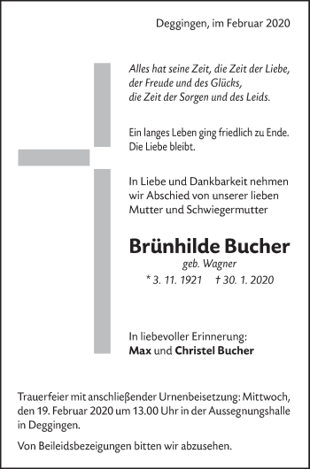 Traueranzeige von Brünhilde Bucher von Geislinger Zeitung