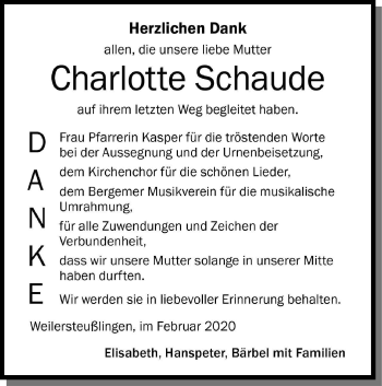 Traueranzeige von Charlotte Schaude von Ehinger Tagblatt