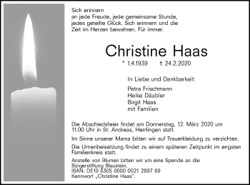 Traueranzeige von Christine Haas von SÜDWEST PRESSE Ausgabe Ulm/Neu-Ulm