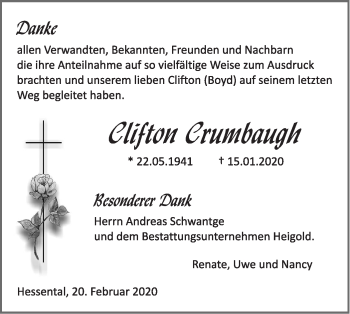 Traueranzeige von Clifton Crumbaugh von Haller Tagblatt