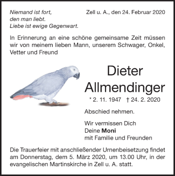 Traueranzeige von Dieter Allmendinger von NWZ Neue Württembergische Zeitung