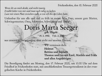 Traueranzeige von Doris Marta Seeger von Rundschau Gaildorf