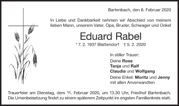 Traueranzeige von Eduard Rabel von NWZ Neue Württembergische Zeitung