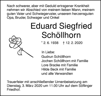 Traueranzeige von Eduard Siegfried Schöllhorn von SÜDWEST PRESSE Ausgabe Ulm/Neu-Ulm