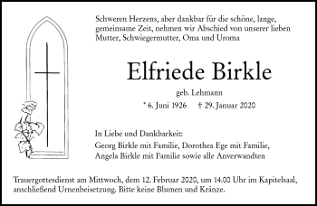 Traueranzeige von Elfriede Birkle von Alb-Bote/Metzinger-Uracher Volksblatt