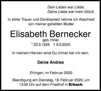 Traueranzeige von Elisabeth Bernecker von SÜDWEST PRESSE Ausgabe Ulm/Neu-Ulm