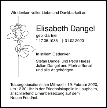 Traueranzeige von Elisabeth Dangel von SÜDWEST PRESSE Ausgabe Ulm/Neu-Ulm