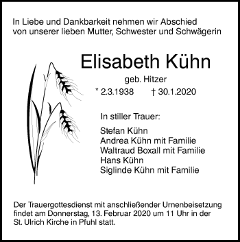 Traueranzeige von Elisabeth Kühn von SÜDWEST PRESSE Ausgabe Ulm/Neu-Ulm