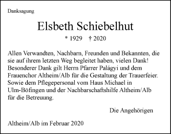 Traueranzeige von Elsbeth Schiebelhut von SÜDWEST PRESSE Ausgabe Ulm/Neu-Ulm