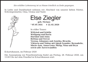 Traueranzeige von Else Ziegler von Haller Tagblatt