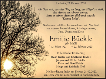 Traueranzeige von Emilie Bückle von Alb-Bote/Metzinger-Uracher Volksblatt