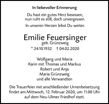 Traueranzeige von Emilie Feuersinger von SÜDWEST PRESSE Ausgabe Ulm/Neu-Ulm