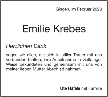 Traueranzeige von Emilie Krebes von Geislinger Zeitung